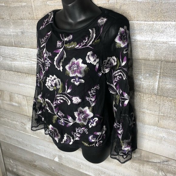 INC International Concepts PS Black Floral Embroidered Mesh Bell Sleeve Y2K top - Picture 3 of 6